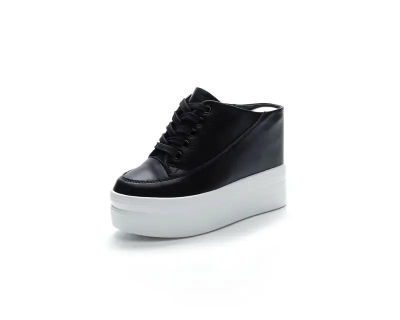 11cm Echtes Leder Mode Höhenvergrößernd Damen Dame Lässig Plateau Keil Damen Slipper Sommerschuh 40 schwarz von Joom DACH