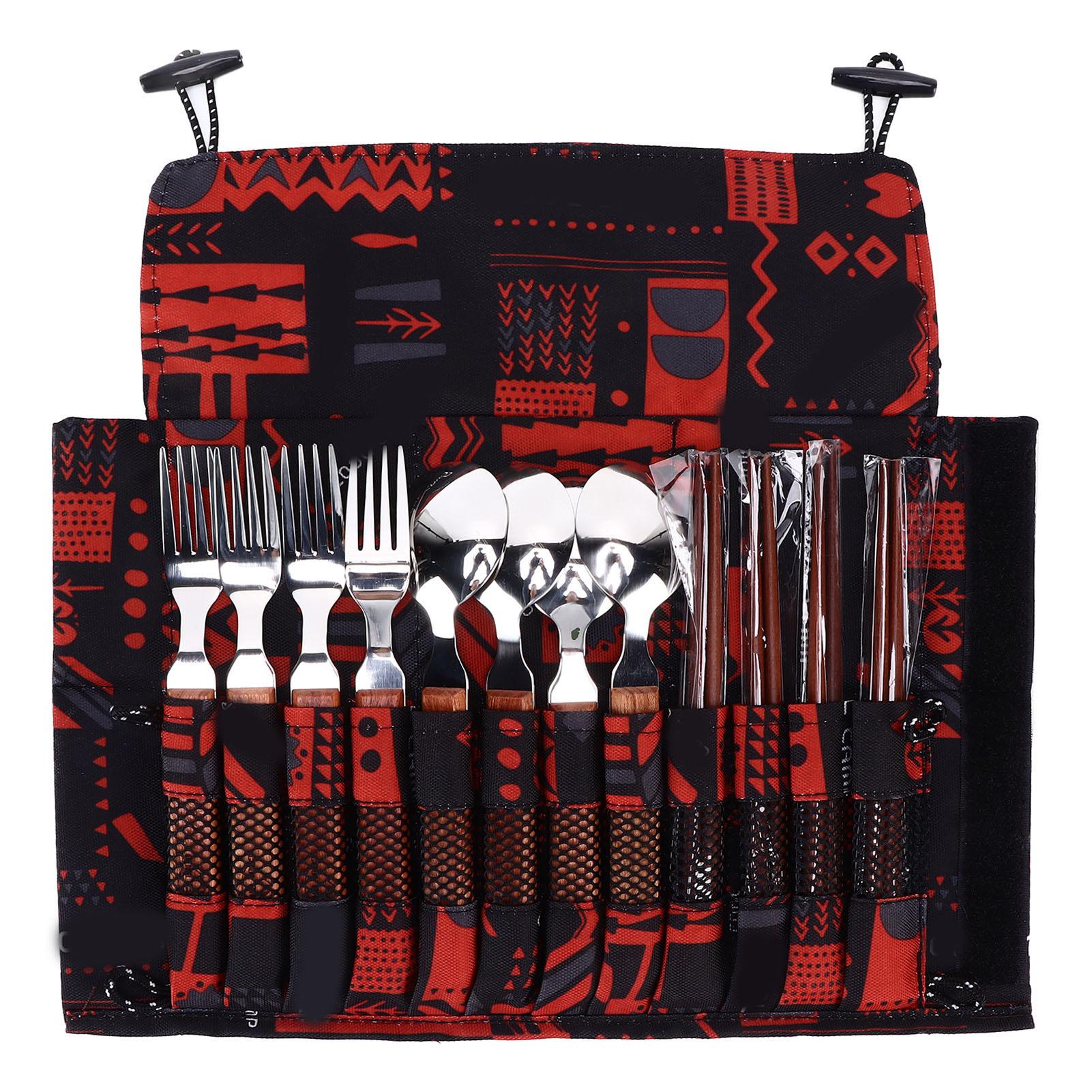 12-teiliges Edelstahl-Besteckset mit Holzgriff für 4 Personen, Outdoor-Löffel, Gabeln, Essstäbchen-Set für L von Joom DACH