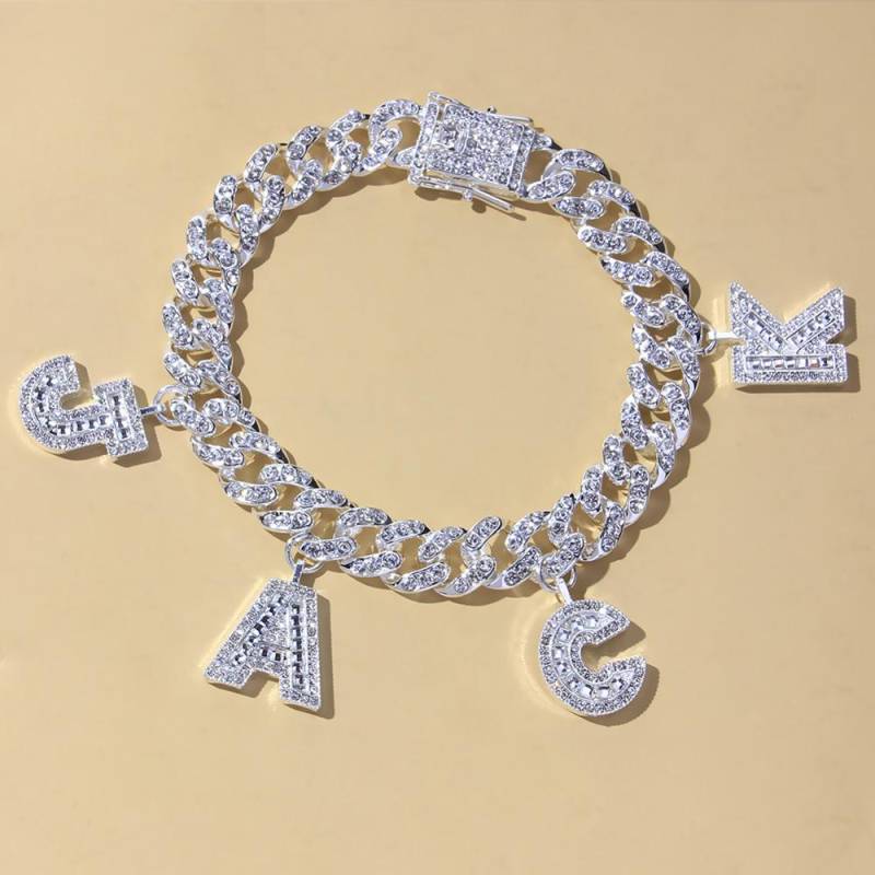 12mm Statement Cuban Link DIY Name Fußkettchen Armbänder für Frauen Kristall Zirkon Initial 26 Buchstabe Fußkettchen Großhandel Charm Schmuck 2 letters,23cm weiß von Joom DACH