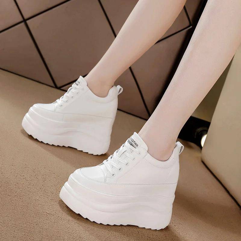 13CM Kuh Echtes Leder Lace Up Wohnungen Frauen Chunky Sneaker Mode Frühjahr Herbst Komfort Booties Schuh Stiefeletten Vulkanisieren 37 weiß von Joom DACH