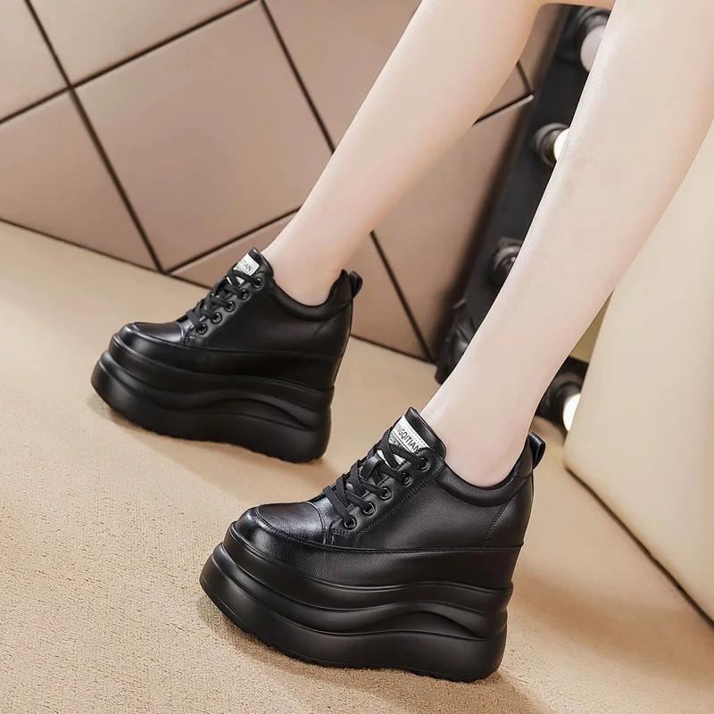 13CM Kuh Echtes Leder Lace Up Wohnungen Frauen Chunky Sneaker Mode Frühjahr Herbst Komfort Booties Schuh Stiefeletten Vulkanisieren 38 schwarz von Joom DACH