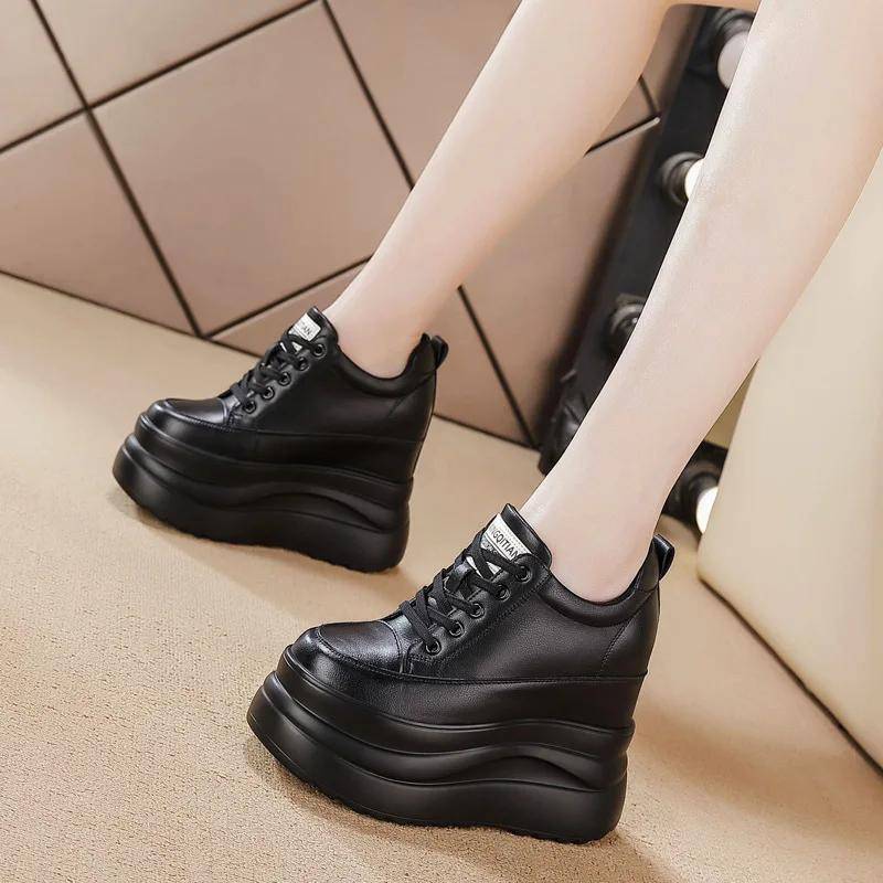 13CM Kuh Echtes Leder Lace Up Wohnungen Frauen Chunky Sneaker Mode Frühjahr Herbst Komfort Booties Schuh Stiefeletten Vulkanisieren 38 schwarz von Joom DACH