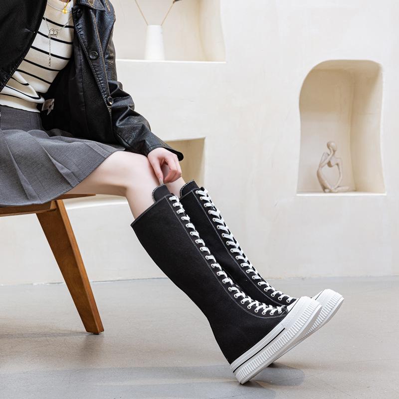 13CM Stiefel Damen Sneakers Canvas Casual High Top Schuhe Lange Stiefel Schnürung Reißverschluss Bequeme flache Stiefel Sneakers Tenis Feminino 40 schwarz von Joom DACH