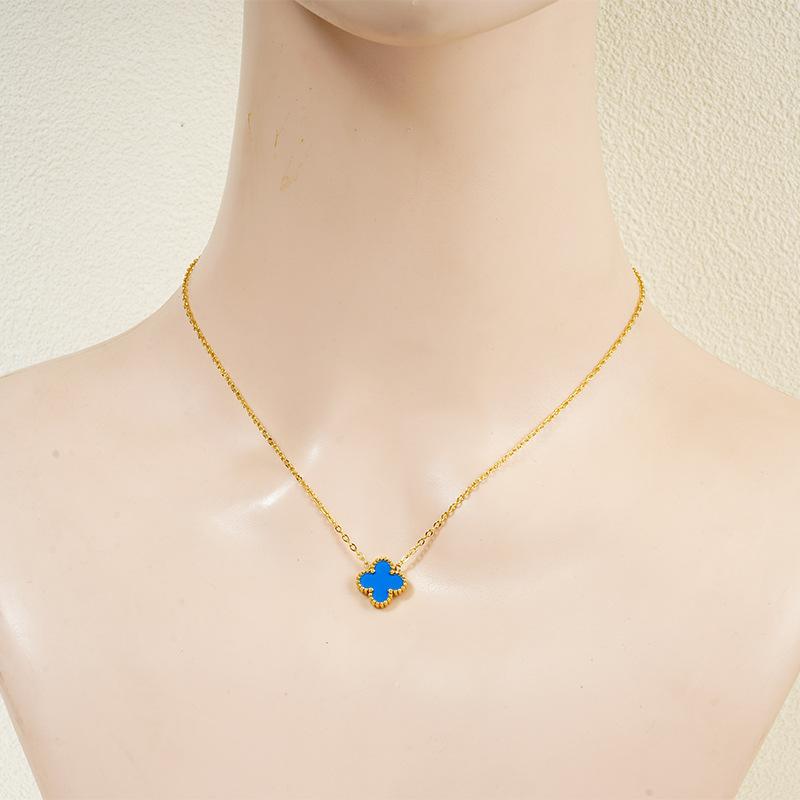 13mm Hochwertige Titanstahl-Halskette mit vierblättrigem Kleeblatt Verliert keine Farbe Damen-Halskette Glücksklee Schlüsselbeinkette 18K blau von Joom DACH