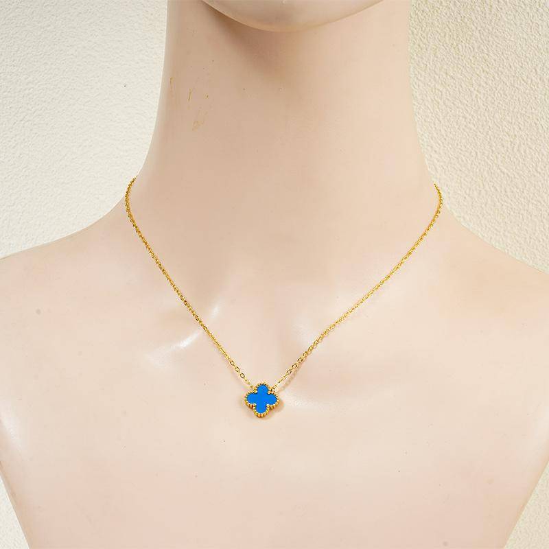 13mm Hochwertige Titanstahl-Halskette mit vierblättrigem Kleeblatt Verliert keine Farbe Damen-Halskette Glücksklee Schlüsselbeinkette 18K blau von Joom DACH