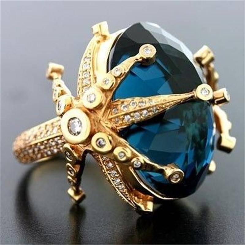14 Karat Gelbgold Saphir-Diamant-Ring für Frauen Pfauenblauer Topas zierlicher Schmuck Bizuteria Anillos Ehering Edelstein Anel 6 blau von Joom DACH