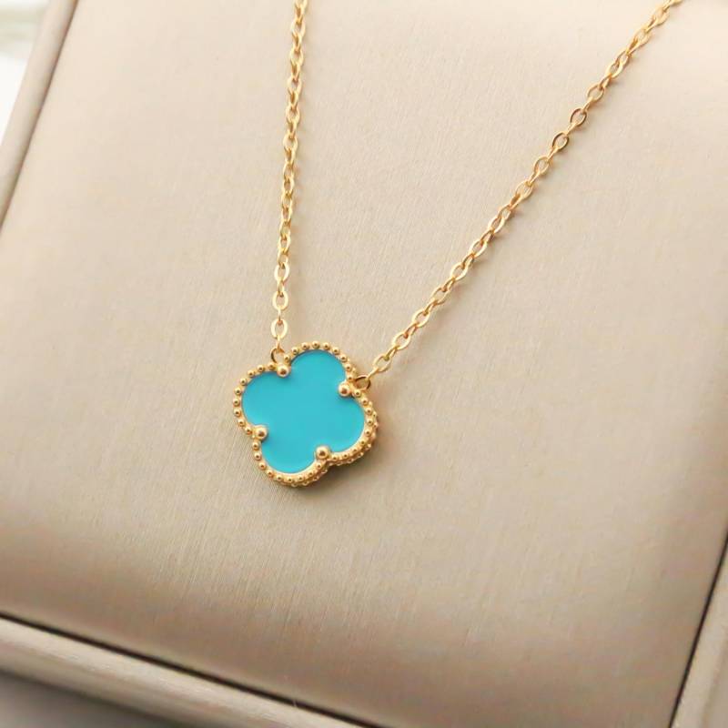 15mm Doppelseitige Titanstahl Vierblättriges Kleeblatt Halskette Damen Schlichte Titanstahl Schlüsselbeinkette Halskette Netz Roter Schmuck von Joom DACH