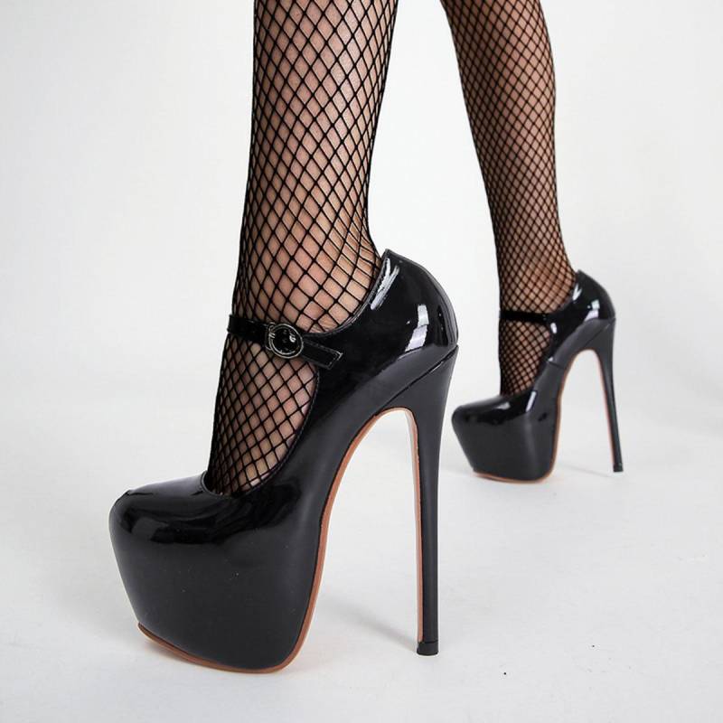 17CM High Heels Damen Plateaupumps Schwarz Runde Zehen Schnalle Riemen Super Pole Dance Schuhe 42 schwarz von Joom DACH
