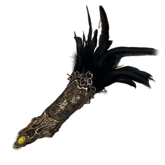 1PC Frauen Leistung Handschuhe Hohle Spitze Strass Dekor Feder Gothic Cosplay Kostüm Handgelenk Manschette Halloween Karneval Bühne Zeigen Arm Hülse schwarz von Joom DACH