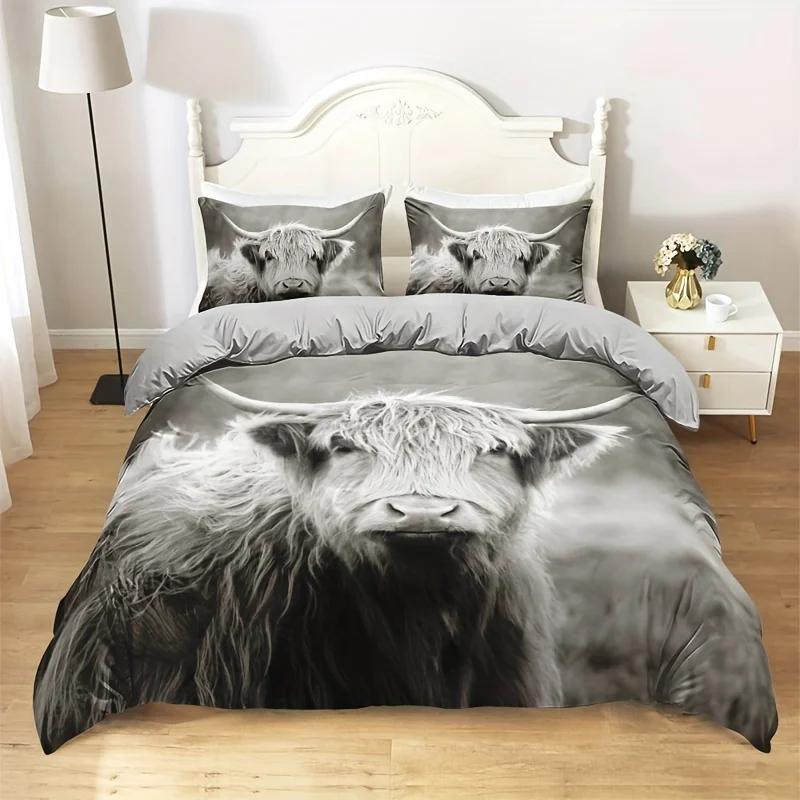 2/3-teiliges Highland-Kuh King Size Bettwäsche-Set Digitaldruck Bettbezug mit Kissenbezug Mode Feldstil Heimdekor für Schlafzimmer US Twin(172x218cm) von Joom DACH