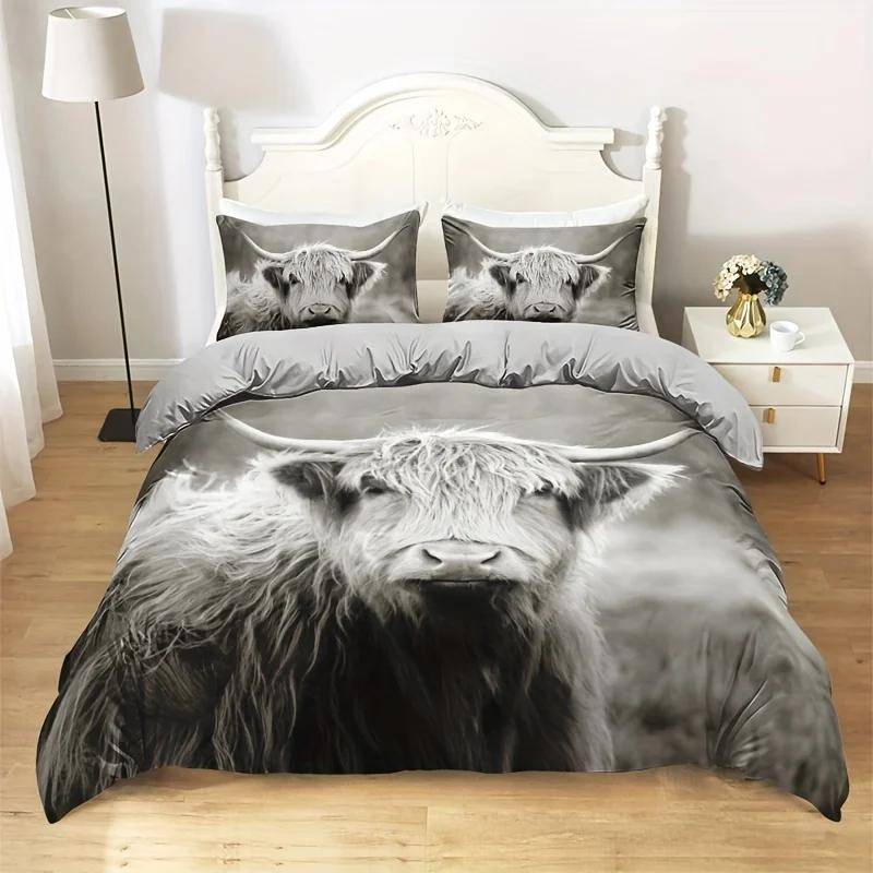2/3-teiliges Highland-Kuh King Size Bettwäsche-Set Digitaldruck Bettbezug mit Kissenbezug Mode Feldstil Heimdekor für Schlafzimmer US Twin(172x218cm) von Joom DACH