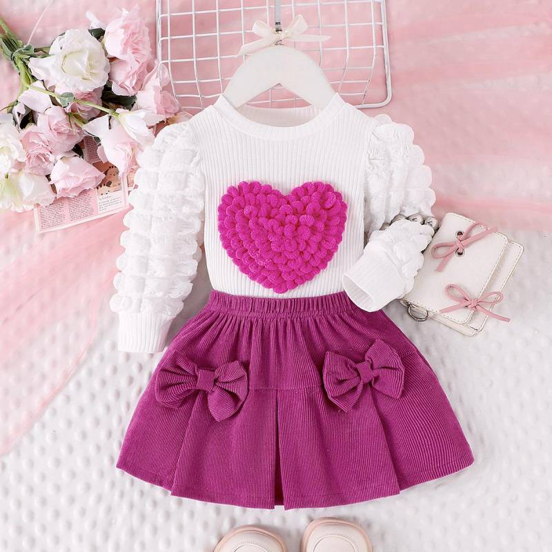 2 STÜCK Winter Herz Stil Für 0-3 Jahre Alte Mädchen, Bequeme Süße Und Niedliche Puffärmel, Love Chapter Oberteil + Rosa Kurzer Rock Set 18-24M rose rot von Joom DACH