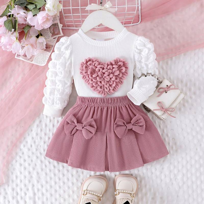 2 STÜCK Winter Herz Stil Für 0-3 Jahre Alte Mädchen, Bequeme Süße Und Niedliche Puffärmel, Love Chapter Oberteil + Rosa Kurzer Rock Set 2-3Y von Joom DACH