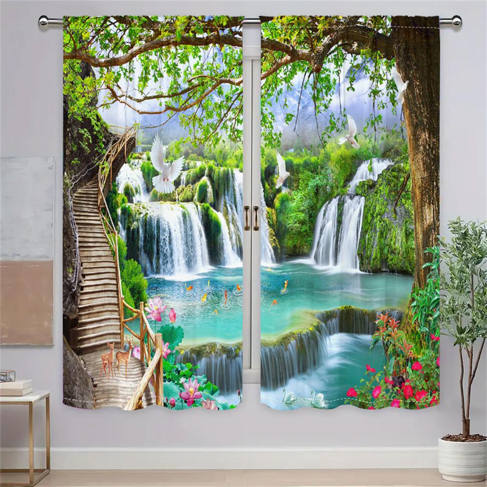 2 Stück Grüne Wunderland Vorhänge 3D Digitaldruck Wohnzimmer Schlafzimmer Fensterdeko Vorhänge Wasserfall Naturlandschaft Vorhänge 29.5W65H(inch)x2Pcs&Rod Pocket von Joom DACH