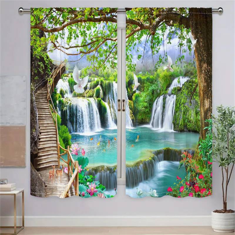 2 Stück Grüne Wunderland Vorhänge 3D Digitaldruck Wohnzimmer Schlafzimmer Fensterdeko Vorhänge Wasserfall Naturlandschaft Vorhänge 29.5W65H(inch)x2Pcs&Rod Pocket von Joom DACH