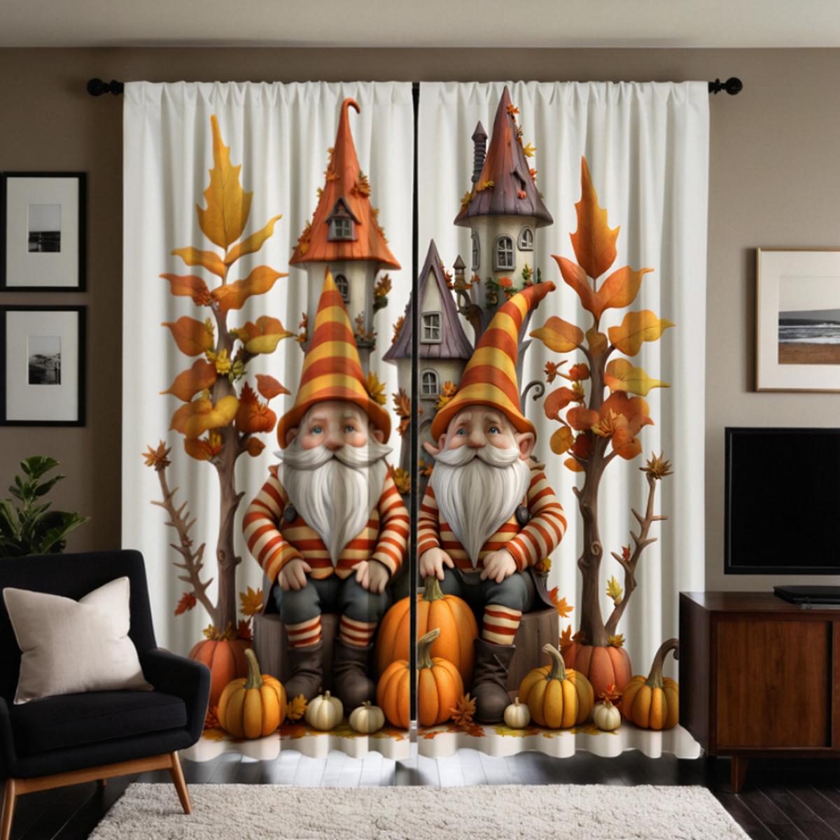 2 Stück HD Thanksgiving Amerikanisches Schloss Kürbis Ahornblatt alter Mann dekorativer Vorhang Gelbe Krawatte digital bedruckter Vorhang Zuhause de W52H63inchW132H160cm von Joom DACH