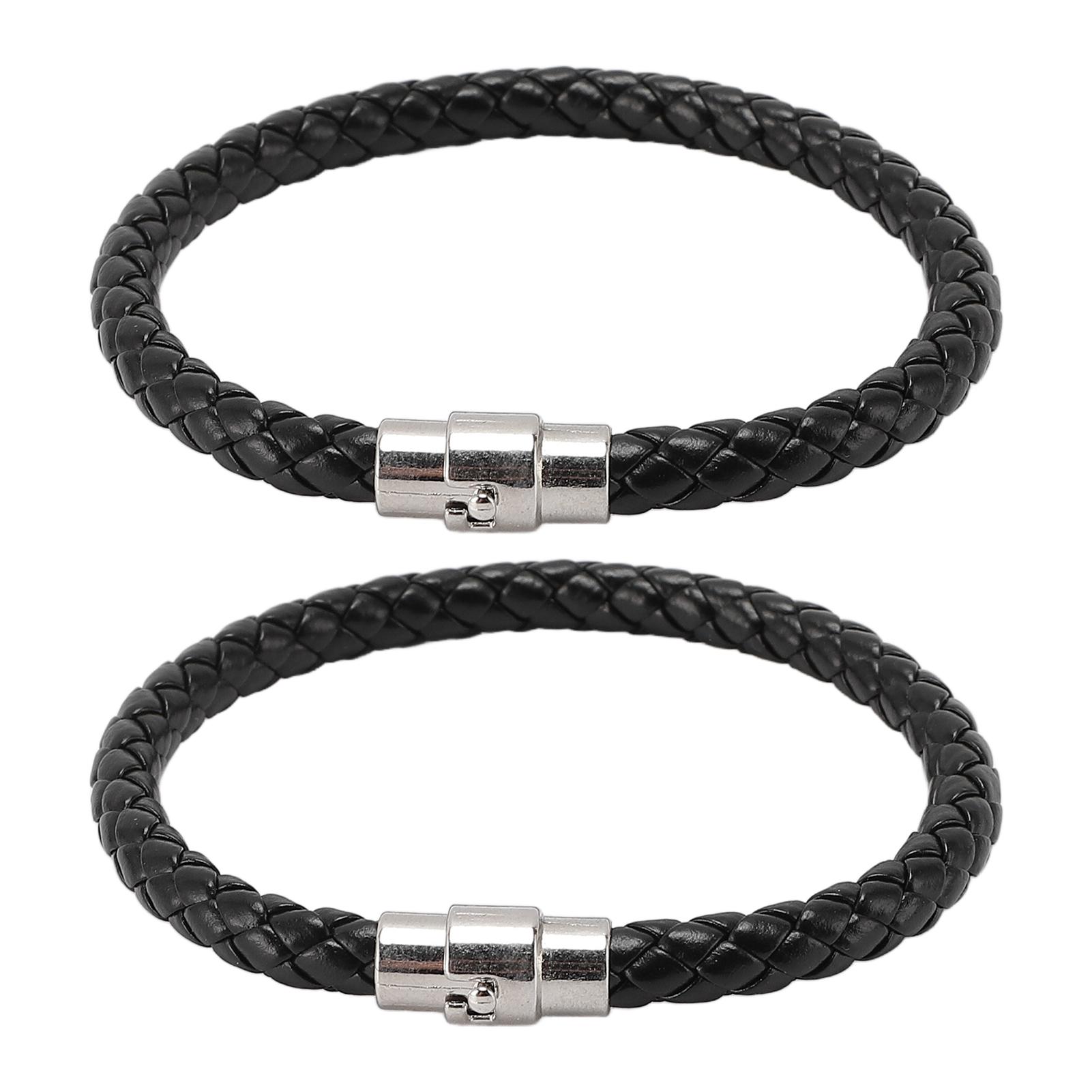2 Stück Leder Geflochtenes Armband Silber Metallverschluss Stilvolles Armband für Frauen Männer Schwarz Geschenk von Joom DACH