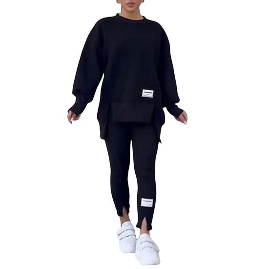2 Teile/Satz Damen Oberteile Hosenanzug Rundhals Langarm Schlitz Saum Sweatshirt Elastische Taille Einfarbig Slim Fit Hose Winter Alltagsoutfit XXL schwarz von Joom DACH