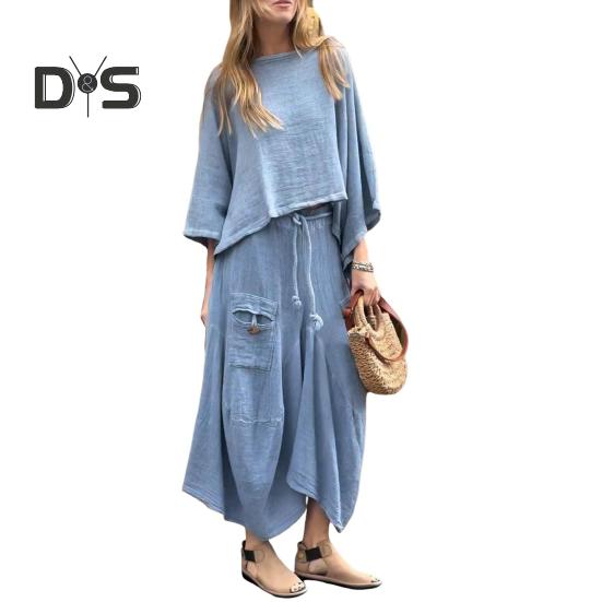 2 Teile/Satz Damen Oberteile Rock Anzug Rundhalsausschnitt Dreiviertelärmel Schräger Saum Vintage Top Kordelzug Elastische Taille Locker Unregelmäßiger Maxirock Frühling Täglich XXL blau von Joom DACH