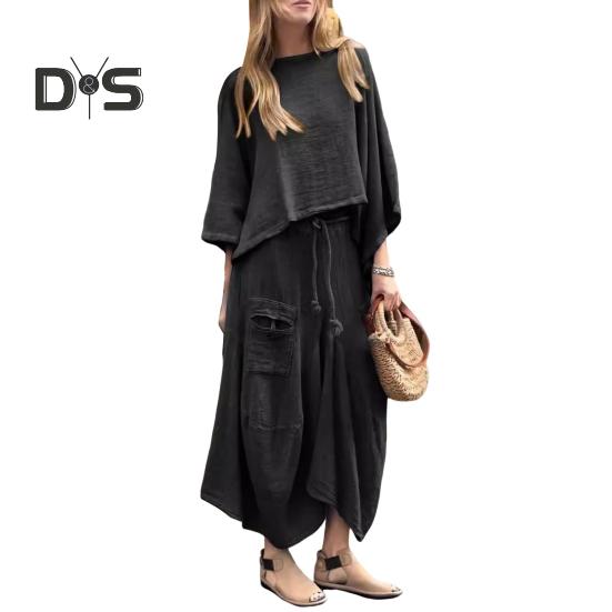 2 Teile/Satz Damen Oberteile Rock Anzug Rundhalsausschnitt Dreiviertelärmel Schräger Saum Vintage Top Kordelzug Elastische Taille Locker Unregelmäßiger Maxirock Frühling Täglich XXXL schwarz von Joom DACH