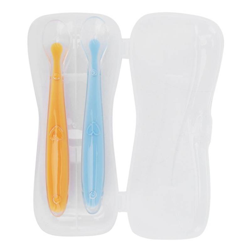 2 Teile/Satz Silikon-Löffel mit weicher Spitze für Babys über 4 Monate alt mit Box (Gelb und Blau) von Joom DACH