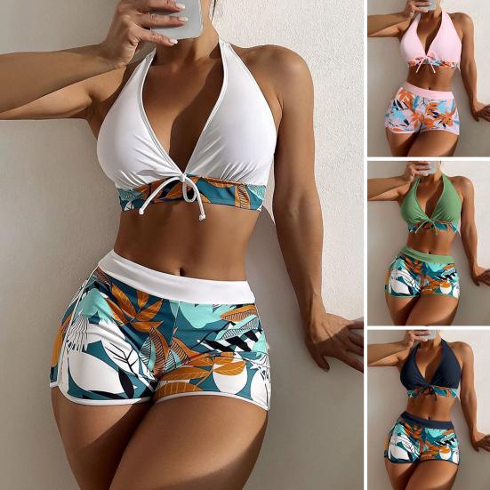 2 Teile/satz Bowknot Decor Floral Print Backless Frauen Neckholder Bikini Set Bh Hohe Taille S schwarz von Joom DACH