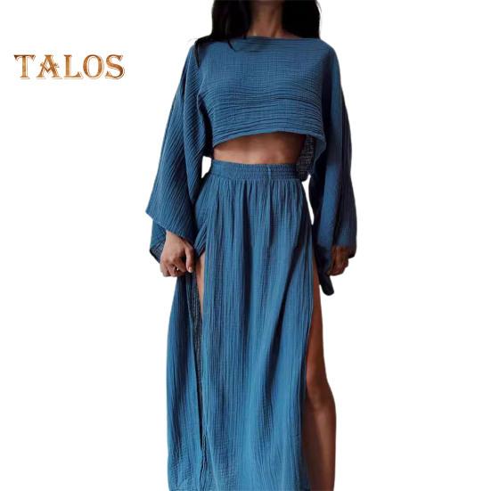 2 Teile/satz Damen Crop Top Rock Set Langarm Schräghals Kurzes Top Hohe Taille Geteilter Rock Einfarbig Urlaub Strand Bikini Vertuschung Club Party Top M blau von Joom DACH