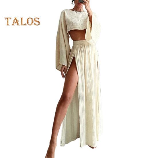 2 Teile/satz Damen Crop Top Rock Set Langarm Schräghals Kurzes Top Hohe Taille Geteilter Rock Einfarbig Urlaub Strand Bikini Vertuschung Club Party Top M apricot von Joom DACH