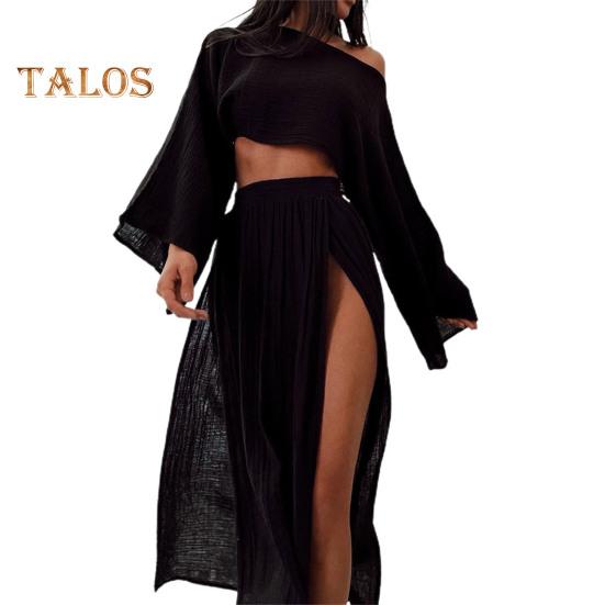 2 Teile/satz Damen Crop Top Rock Set Langarm Schräghals Kurzes Top Hohe Taille Geteilter Rock Einfarbig Urlaub Strand Bikini Vertuschung Club Party Top M schwarz von Joom DACH