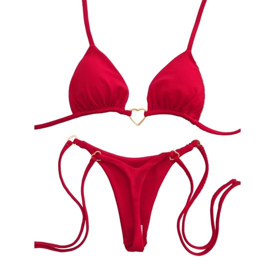 2 Teile/satz Frauen Bikini Set Herz Metall Schnalle Halter Lace-up Badeanzug mit Slip Set Quick S rot von Joom DACH