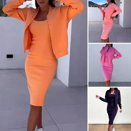2 Teile/satz Frauen Mantel Kleid Set Einreihig Rundhals Langarm Jacke Dünnes Unterkleid Herbst Midi Kleid Jacke Set OL Pendler Kleidung M rosa von Joom DACH