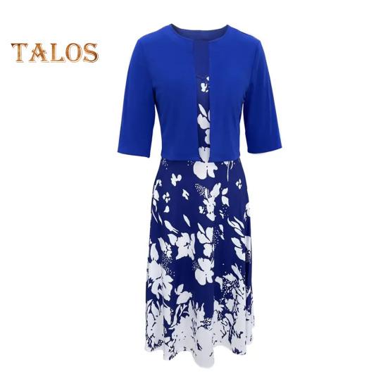 2 Teile/satz Frauen Mantel Rock Anzug Blumendruck A-linie V-ausschnitt Ärmellos Zurück Reißverschluss Kleid Langarm Einfarbig Mantel OL Pendeln Stil Frühling Herbst 2XL blau von Joom DACH