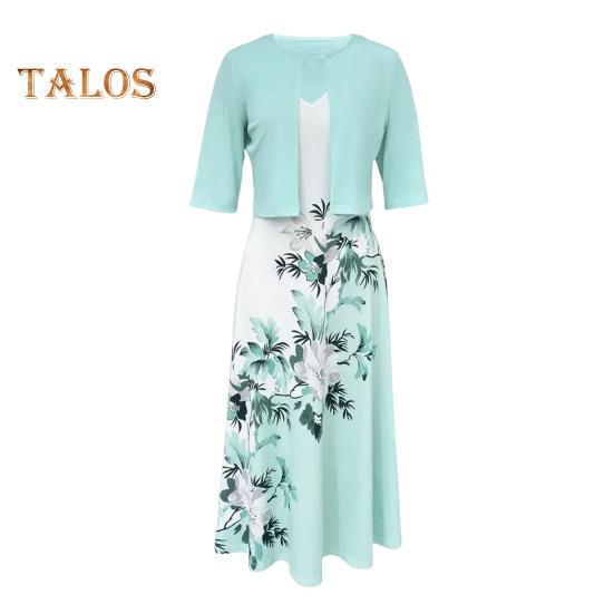 2 Teile/satz Frauen Mantel Rock Anzug Blumendruck A-linie V-ausschnitt Ärmellos Zurück Reißverschluss Kleid Langarm Einfarbig Mantel OL Pendeln Stil Frühling Herbst 2XL grün von Joom DACH