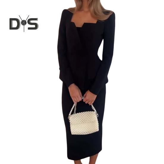 2 Teile/satz Frauen Mantel Rock Anzug Quadratischen Hals Zweireihig Einfarbig Langarm Top Slim Fit Rock Prom Business Büro Outfit S schwarz von Joom DACH