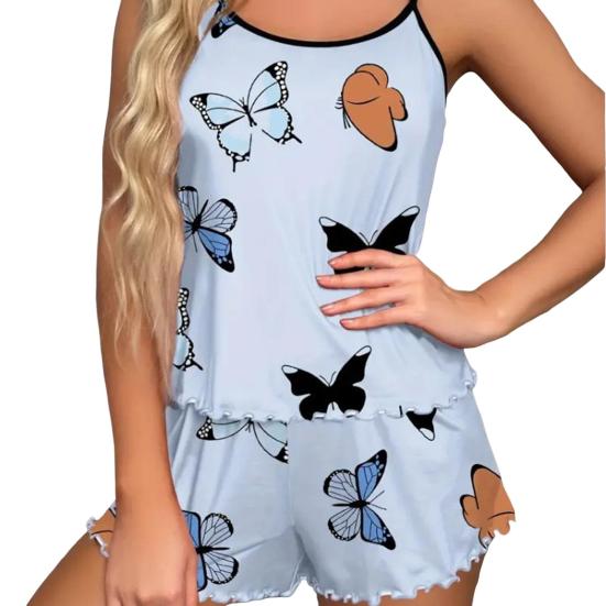 2 Teile/satz Frauen O Hals Ärmelloses Top Elastische Herz Druck Strappy Pyjamas Set Hohe Taille 3XL blau von Joom DACH