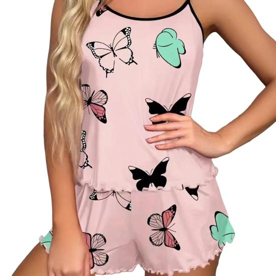 2 Teile/satz Frauen O Hals Ärmelloses Top Elastische Herz Druck Strappy Pyjamas Set Hohe Taille 3XL rosa von Joom DACH