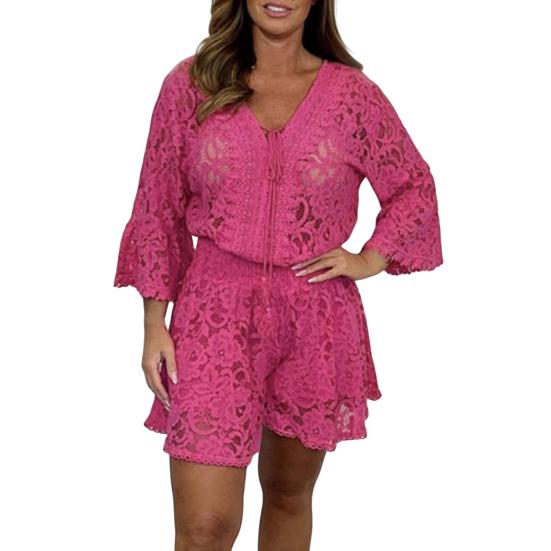 2 Teile/satz Frauen Top Shorts Set Aushöhlen Spitze Blume Stickerei V-ausschnitt Kordelzug Dreiviertel Ärmeln Elastische Hohe Taille Lose dating Pendeln XL rosa von Joom DACH