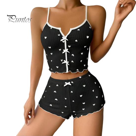 2 Teile/satz Frauen Weste Shorts Anzug Schleife Herz Druck Ärmelloses Raffen Top Hohe Taille Kurze Hosen Homewear Loungewear Outfit Sommer Nachtwäsche L schwarz von Joom DACH