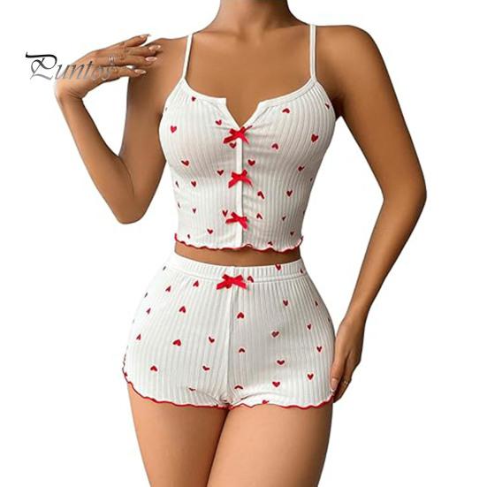 2 Teile/satz Frauen Weste Shorts Anzug Schleife Herz Druck Ärmelloses Raffen Top Hohe Taille Kurze Hosen Homewear Loungewear Outfit Sommer Nachtwäsche S rot/weiß von Joom DACH