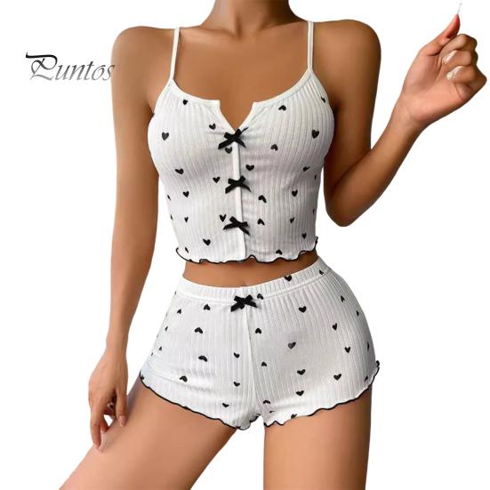 2 Teile/satz Frauen Weste Shorts Anzug Schleife Herz Druck Ärmelloses Raffen Top Hohe Taille Kurze Hosen Homewear Loungewear Outfit Sommer Nachtwäsche XXXL schwarz/weiß von Joom DACH
