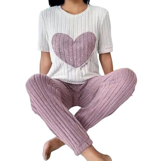 2 Teile/satz Frauen Winter Pyjamas Set Rundhals Herz Muster Kurzarm Homewear Top Hosen Set Lose Loungewear Dame Nachtwäsche Set M violett von Joom DACH