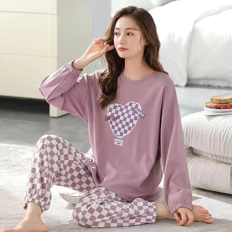2 Teile/satz Große Größe Frauen Pyjamas Lila Plaid Kann Draußen Getragen Werden Homewear Mädchen Baumwolle Langarm Nachtwäsche Lässig Atmungsaktiv 3XL von Joom DACH