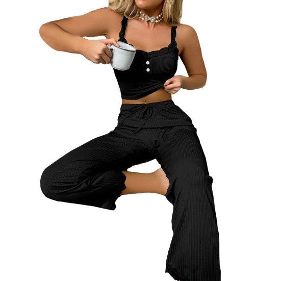 2 Teile/satz Hosen Top Anzug Low-cut V-ausschnitt Ärmel Einfarbig Raffen Kordelzug Hohe Elastische Taille Spitze Frauen sommer Pyjamas Set Homewear M schwarz von Joom DACH