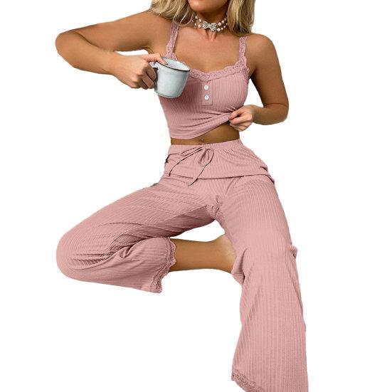 2 Teile/satz Hosen Top Anzug Low-cut V-ausschnitt Ärmel Einfarbig Raffen Kordelzug Hohe Elastische Taille Spitze Frauen sommer Pyjamas Set Homewear M rosa von Joom DACH