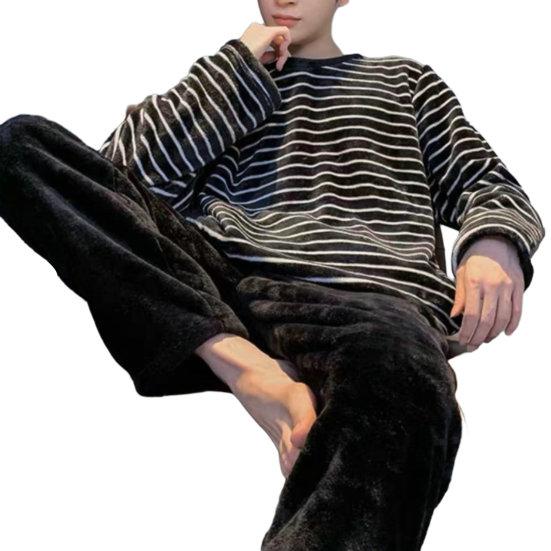 2 Teile/satz Männer Herbst Winter Pyjamas Set Gestreiften Rundhals Langarm Dicke Warme Elastische Taille Dicke Korallen Fleece Männer homewear Top Panats Set 2XL schwarz von Joom DACH