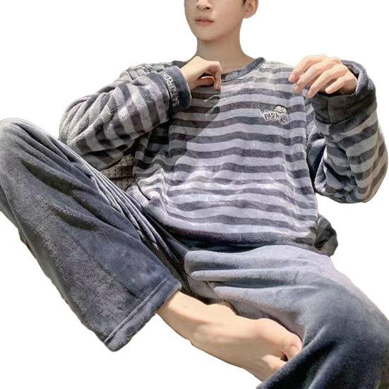 2 Teile/satz Männer Herbst Winter Pyjamas Set Gestreiften Rundhals Langarm Dicke Warme Elastische Taille Dicke Korallen Fleece Männer homewear Top Panats Set 3XL blau von Joom DACH