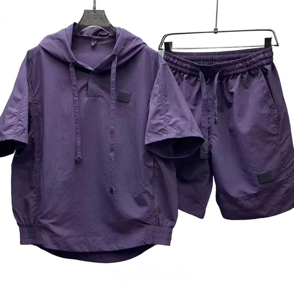 2 Teile/satz Männer Sommer Outfit Mit Kapuze Kordelzug Kurzarm Tops Elastische Taille Taschen Shorts Set Einfarbig Lose Fit Trainingsanzug M violett von Joom DACH