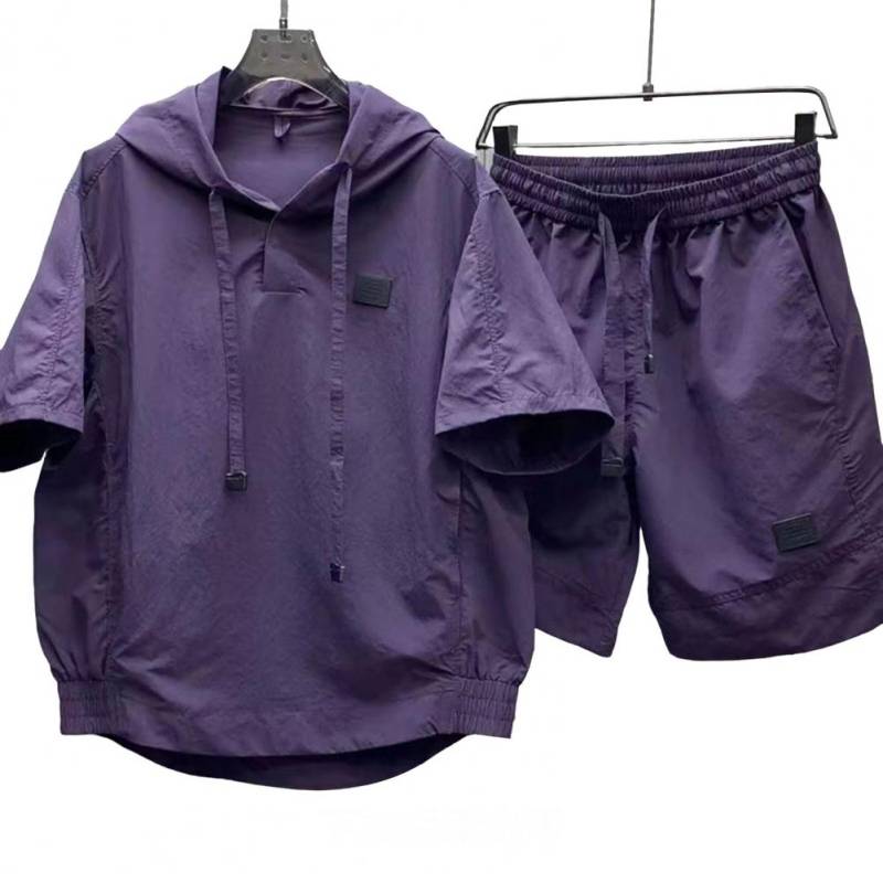 2 Teile/satz Männer Sommer Outfit Mit Kapuze Kordelzug Kurzarm Tops Elastische Taille Taschen Shorts Set Einfarbig Lose Fit Trainingsanzug M violett von Joom DACH