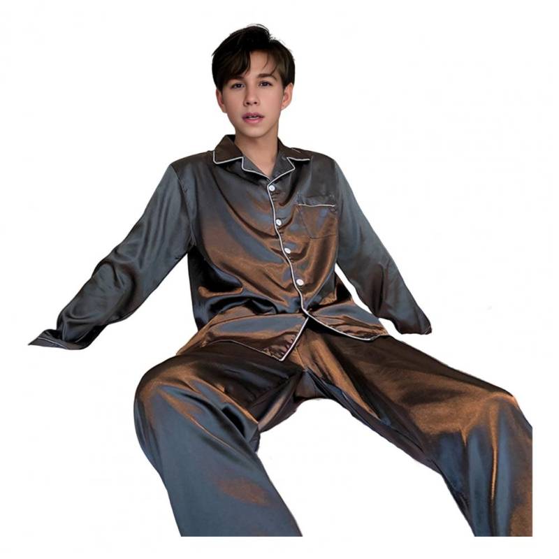 2 Teile/satz Männer Sommer Pyjama Set Revers Langarm Hemd Elastische Taille Taschen Breite Bein Hosen Set Einfarbig Einreiher XXXL dunkelgraue von Joom DACH