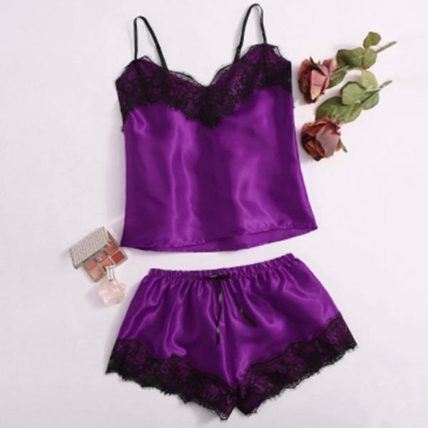 2 Teile/satz Mode Spitze Pyjama Sets Satin Dessous Frauen Top + Kurze Hosen Ärmellose Nachtwäsche Unterwäsche Rayon Sling Nachthemd Nachtwäsche XXXL von Joom DACH